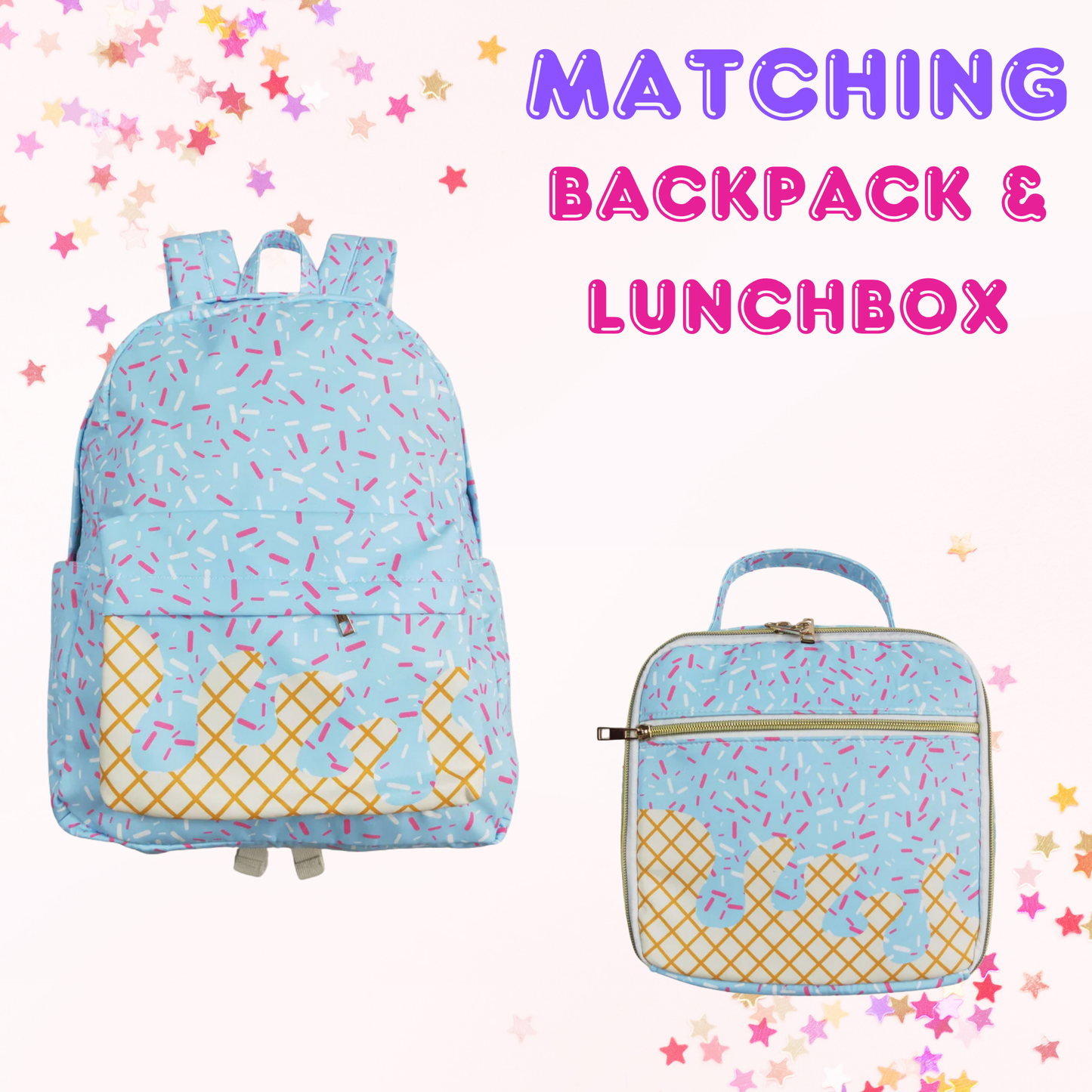 Matching Kids Backpack and Lunchbox Set for Kids – Toddler, Preschool, School, Pink or Blue Sprinkles