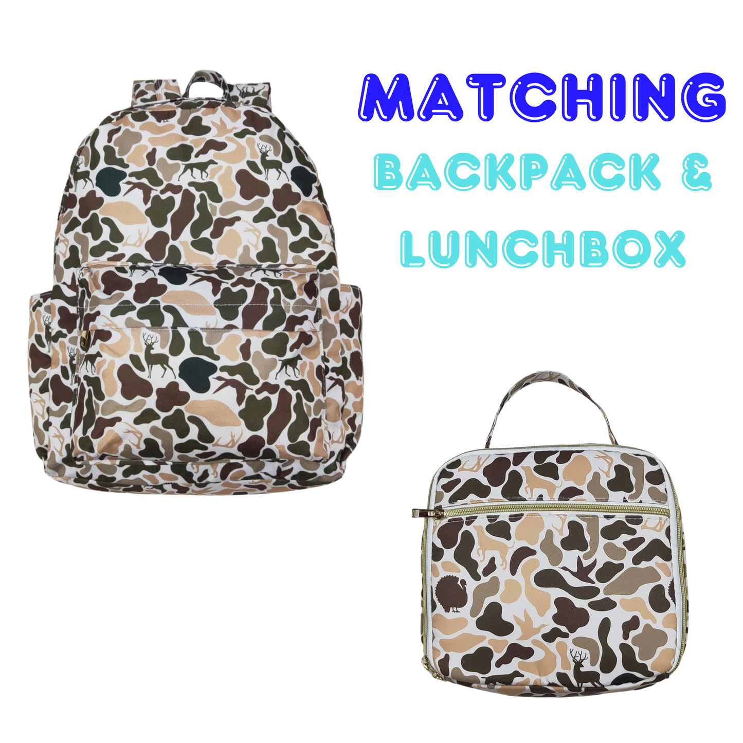 Matching Kids Backpack and Lunchbox Set for Kids – Toddler, Preschool, Camouflage Multi Animal