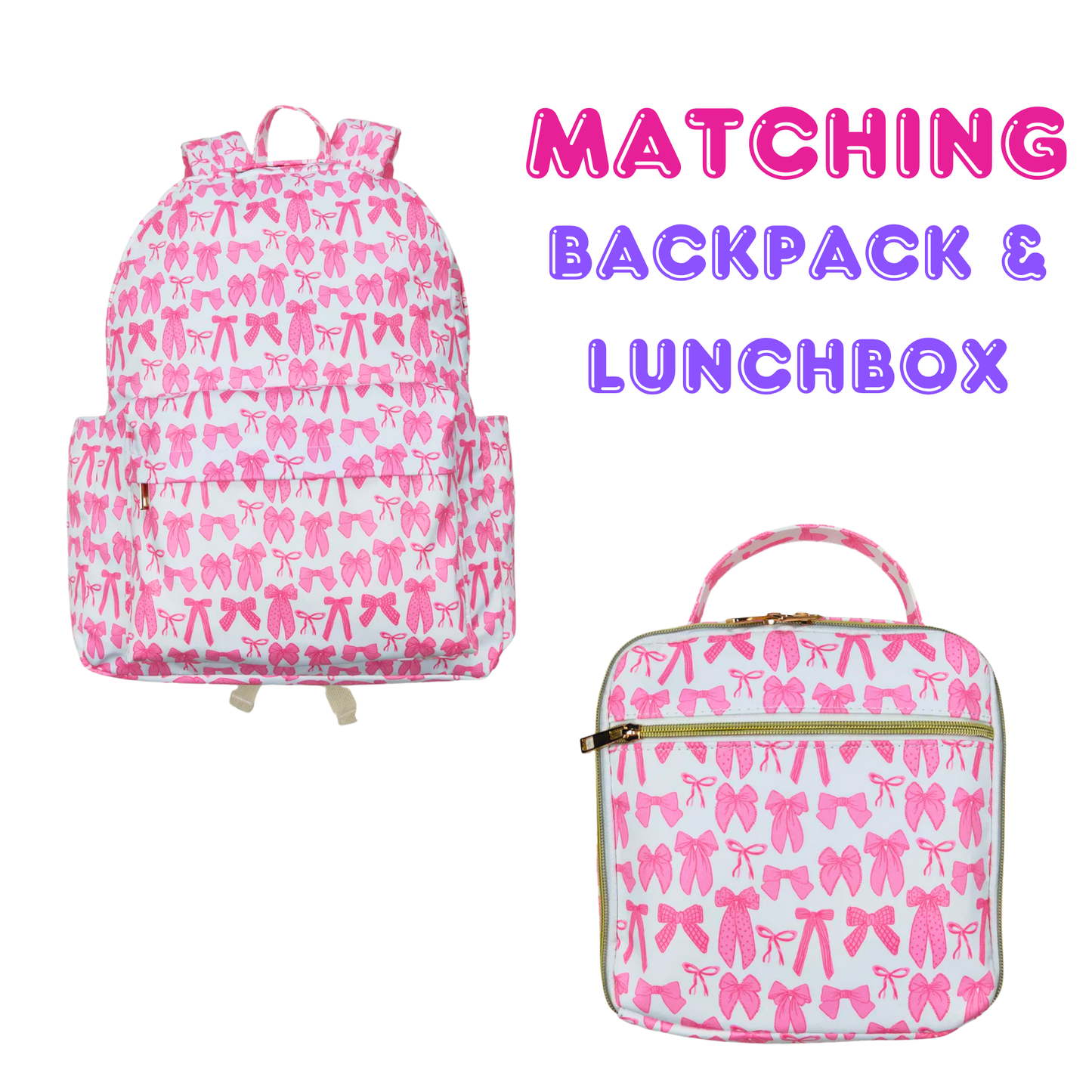 Matching Kids Backpack and Lunchbox Set for Kids – Toddler, Preschool, School, Pink Coquette Bows