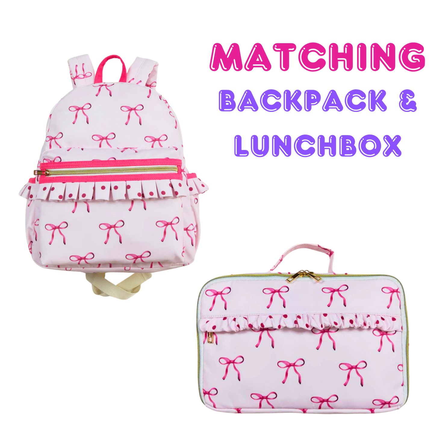 Matching Kids Backpack and Lunchbox Set for Kids – Toddler, Preschool, School, Pink Coquette Bows