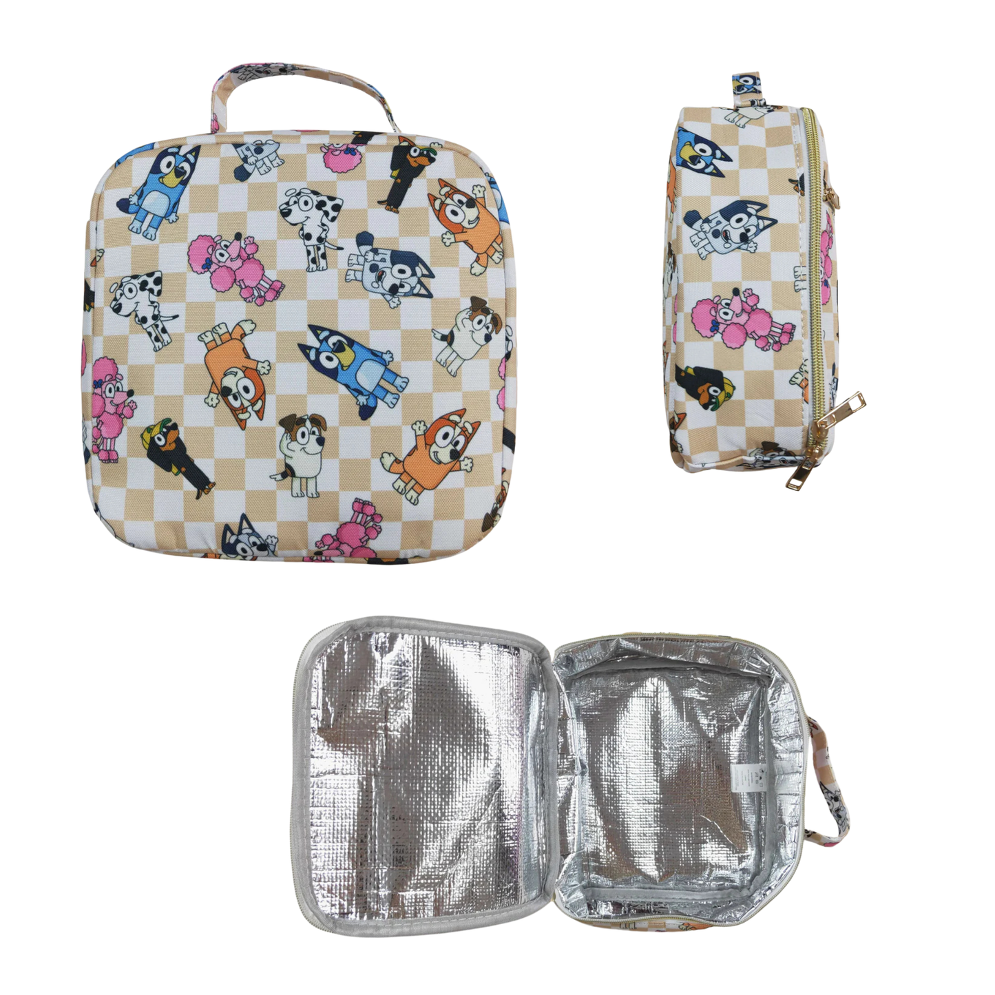 Matching Kids Backpack and Lunchbox Set for Kids – Toddler, Preschool, Tan Checkered Blue Dog Cartoon
