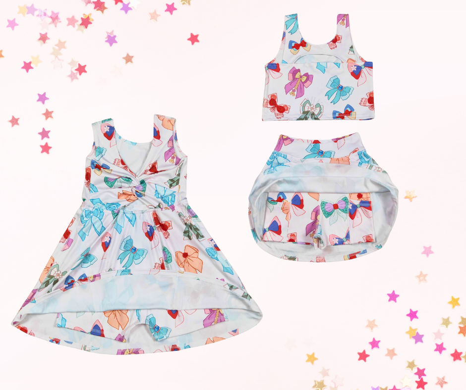 Girls Athletic Dress or Skort Set – Matching Prints| Coquette Inspired Bow| Built-In Shorts