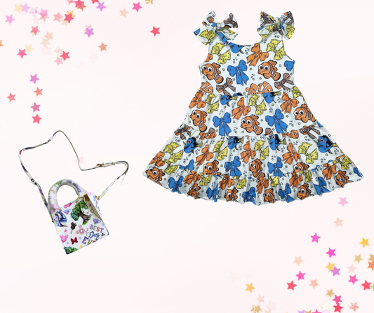Girls Ocean Adventure Ruffle Dress – Finding Fish & Bow Print