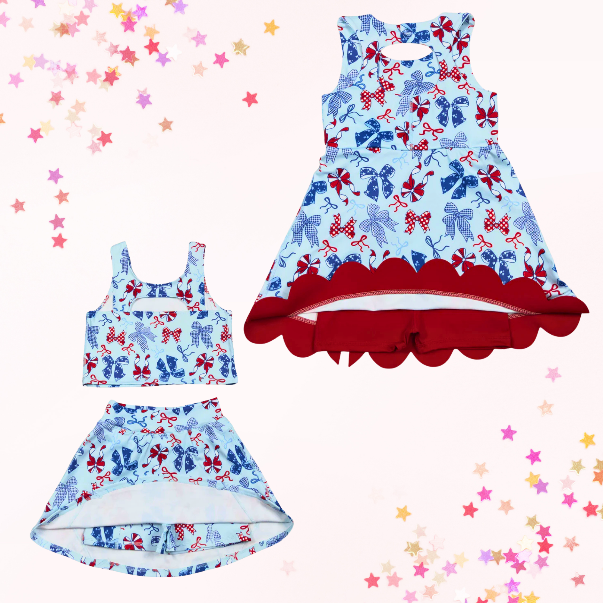 Patriotic Girls Skort Set & Scalloped Bow Dress Collection