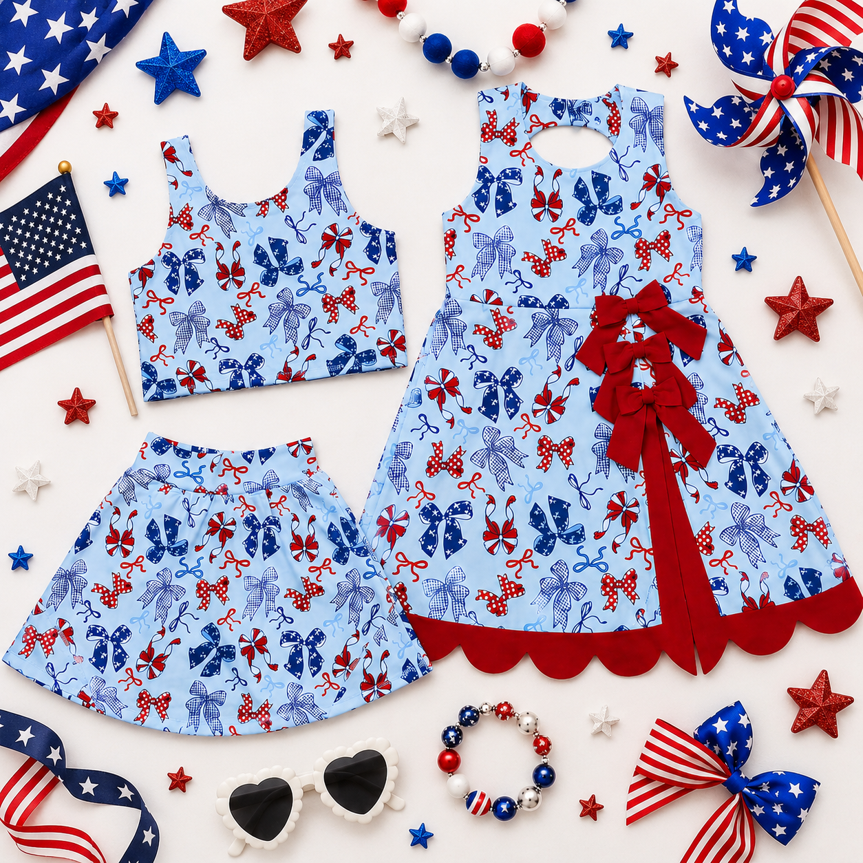 Patriotic Girls Skort Set & Scalloped Bow Dress Collection