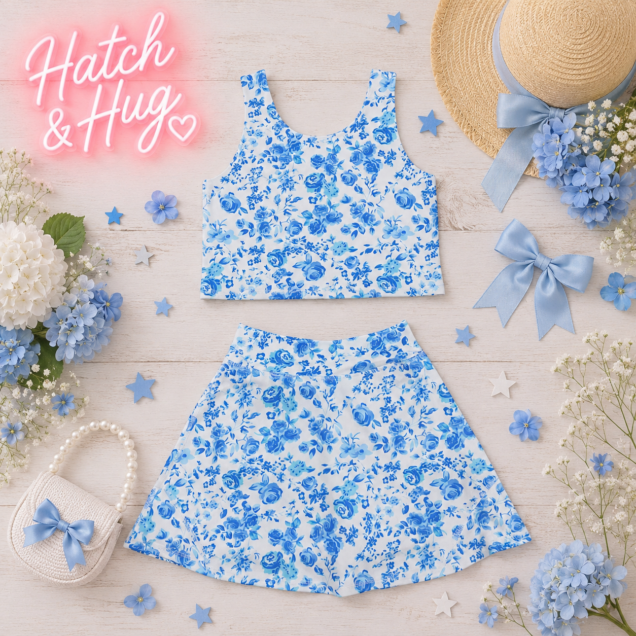 Blue coquette floral active skort set