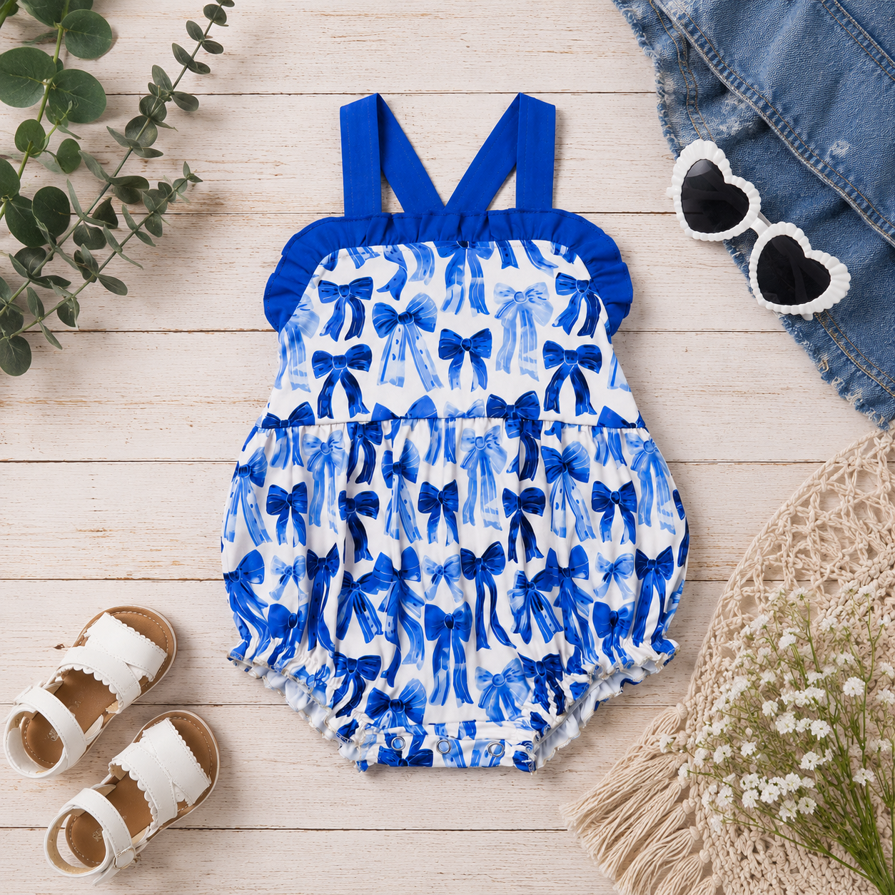 Blue Bows Baby Romper