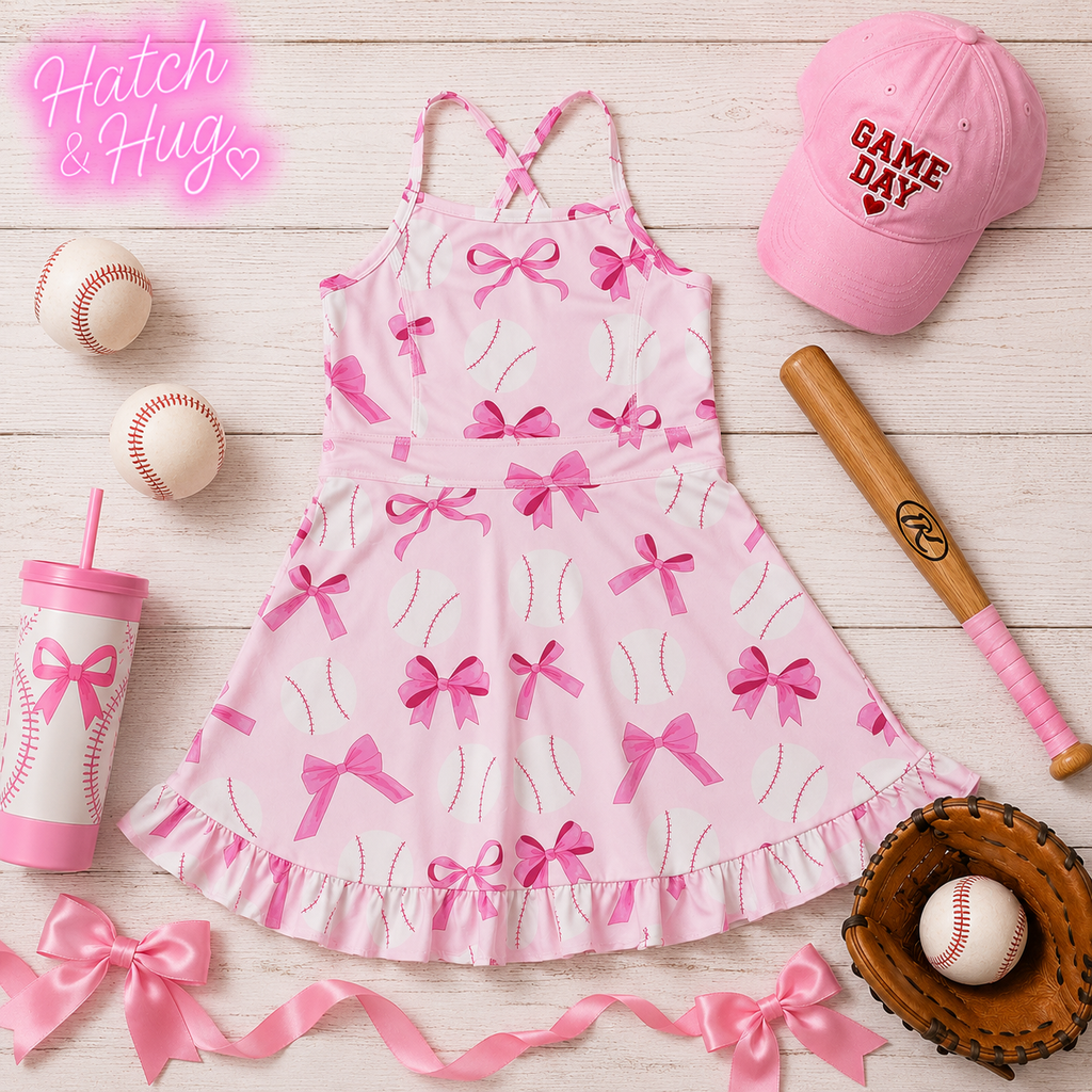Pink Baseball Bows Girls Active Crossback Dress