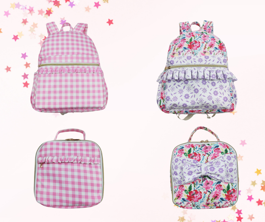 Matching Kids Backpack & Lunchbox Set – Pink Plaid or Floral Ruffle