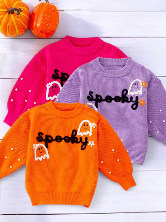 Girls Halloween Knit Sweater – Pearl Beads, Fall Pullover, “Boo” Design – Toddler & Kids Sizes – 3 Colors Available