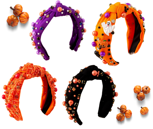 Girls Halloween Knot Headband – Beaded & Rhinestone Embellished – 4 Color Options