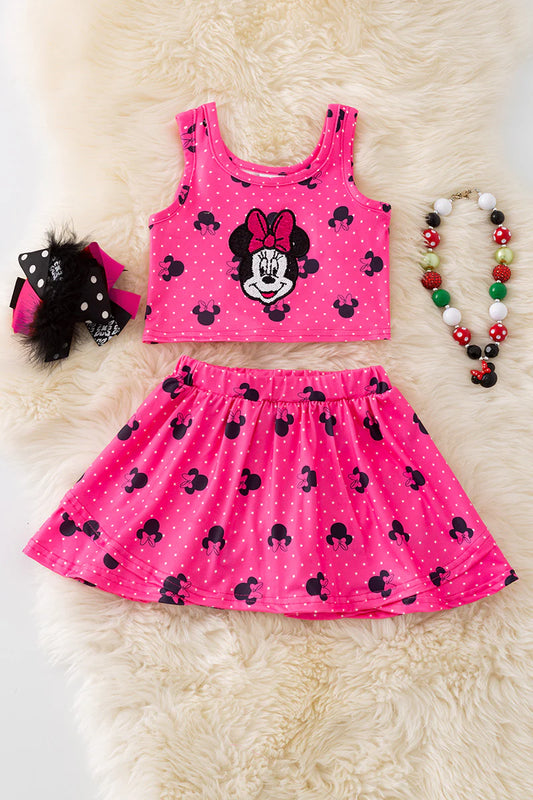 Pink Bow Character Skort Set – Girls Crop Top & Skirt Outfit – Milk Silk – Limited Quantity