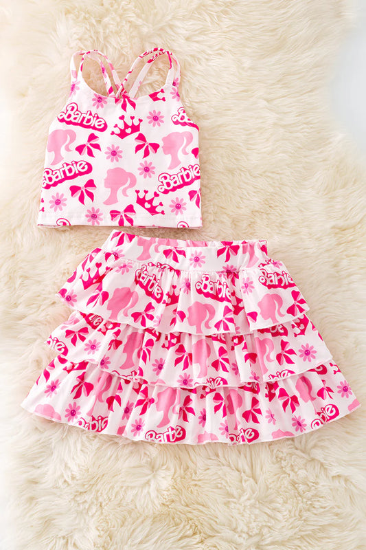 Girls Pink Doll Ruffle Skort Set – Crisscross Top Two-Piece Outfit | Limited Edition Milk Silk Set