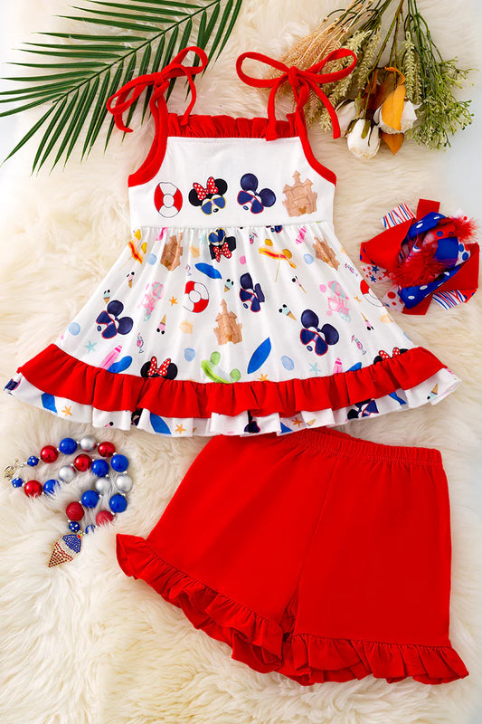 Mouse Ears Cruise-Ready Girls Ruffle Short Set | Summer Vacation Outfit | Red & White Beach Matching Set