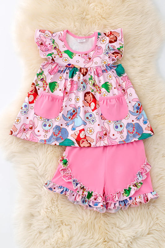 Pink Tropical Character Ruffle Short Set – Girls Summer Outfit