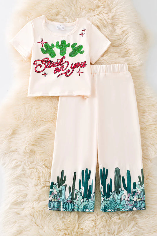 "Stuck On You" Cactus Glitter Tee & Desert Wide-Leg Pants Set – Girls Outfit