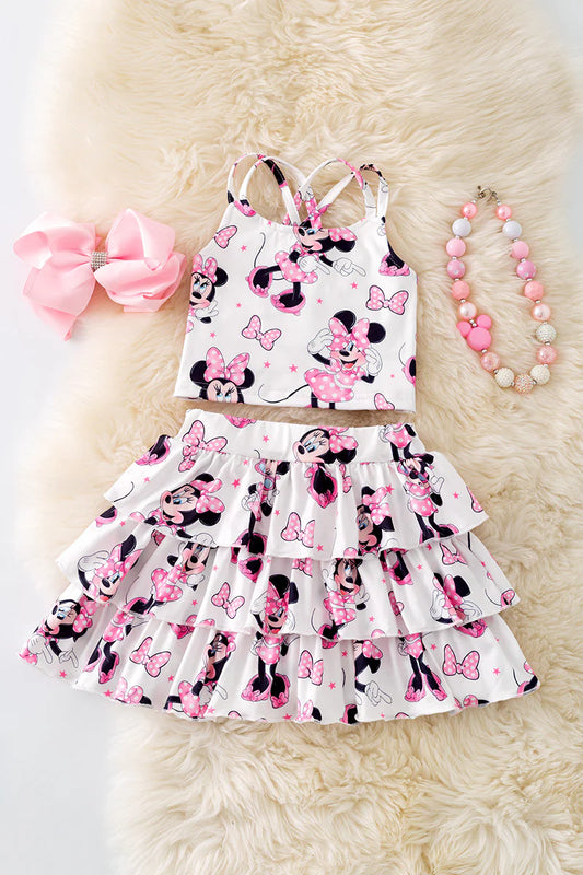 Pink Mouse Cartoon Ruffle Skort Set – Girls 2-Piece Twirl Outfit (Very Limited)