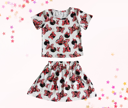 Red Mouse Ears Cartoon Skirt Set – Girls Two-Piece Outfit with All-Over Print