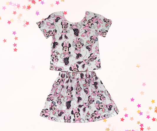 Pink Mouse Ears Cartoon Skirt Set – Girls Two-Piece Outfit with All-Over Print