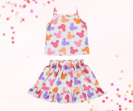 Color Pop Mouse Ears Cartoon Skirt Set – Girls Two-Piece Outfit