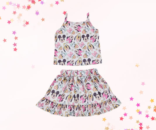 Boho Pink Mouse Ears Cartoon Skirt Set – Girls Two-Piece Outfit
