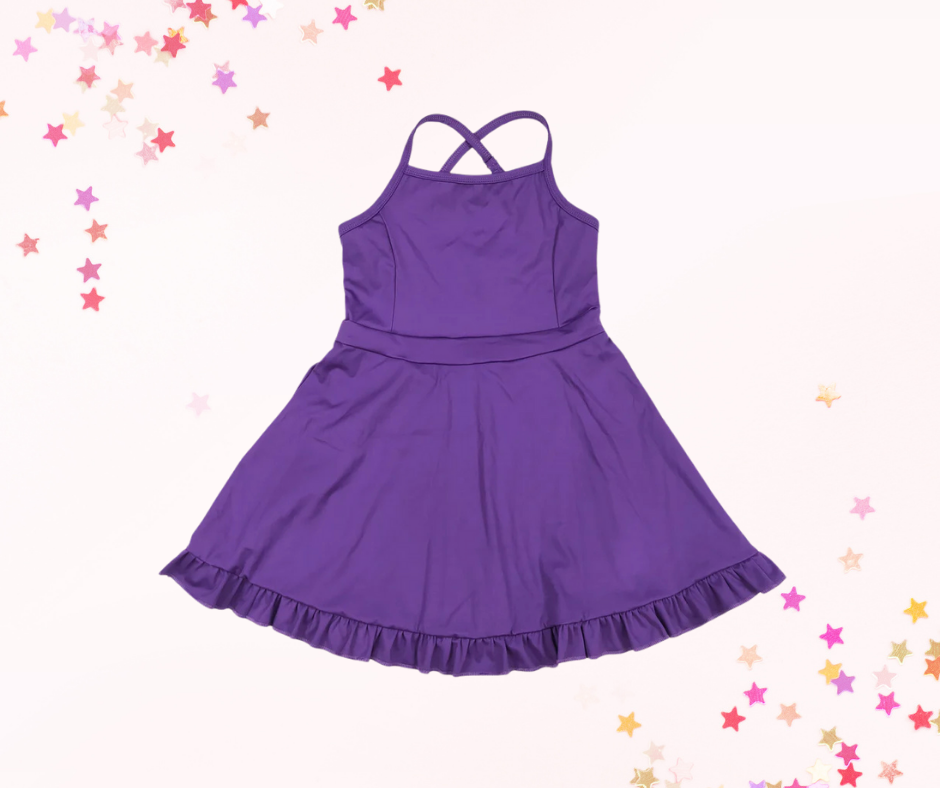 Girls Athletic Dress – Solid Colors 2 (5 Options) | Spaghetti Straps Cross-Back | Built-In Shorts