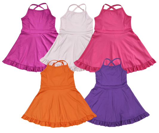 Girls Athletic Dress – Solid Colors 2 (5 Options) | Spaghetti Straps Cross-Back | Built-In Shorts