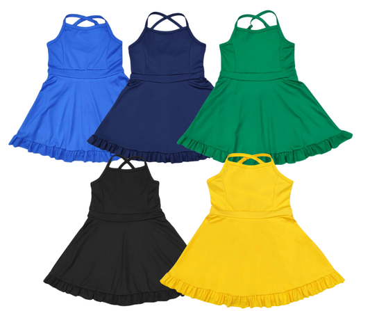 Girls Athletic Dress – Solid Colors (5 Options) | Spaghetti Straps Cross-Back | Built-In Shorts