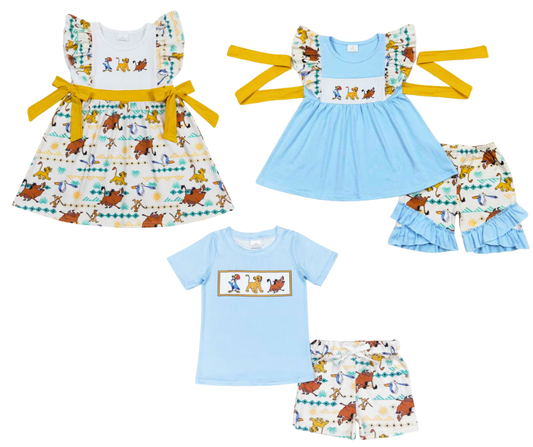 Lion-Themed Family Matching Outfits – Dress, Ruffle Shorts Set & Boys Tee Set