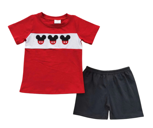 Boys Classic Mouse Trio Outfit – 2-Piece Red Tee & Black Shorts Set