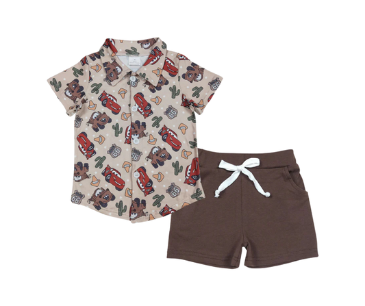 Boys Cartoon Car Button-Up Set – Beige Character Top & Brown Shorts