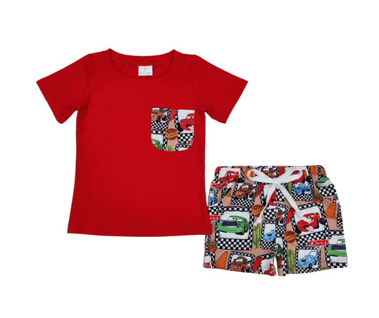 Boys Cartoon Racing Pocket Set – Red Tee & Character Shorts
