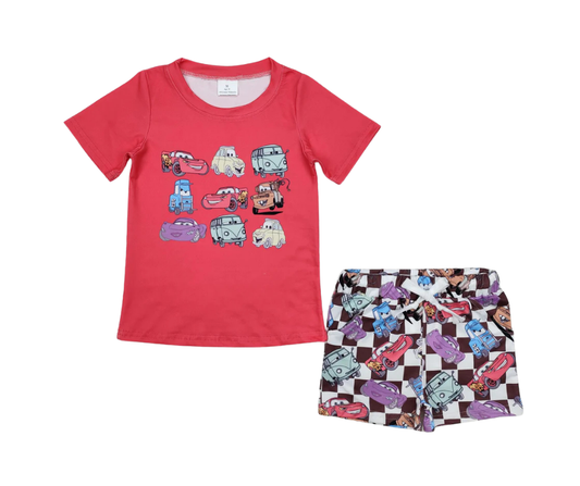 Boys Cartoon Racecar Outfit – 2-Piece Tee & Checkered Shorts Set