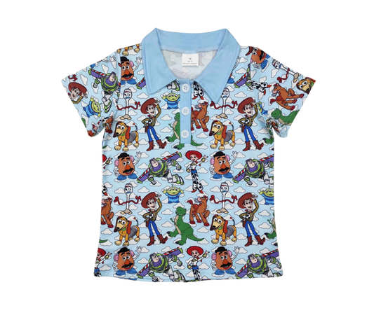 Boys Toy Cartoon Character Polo – Light Blue Button-Up Shirt
