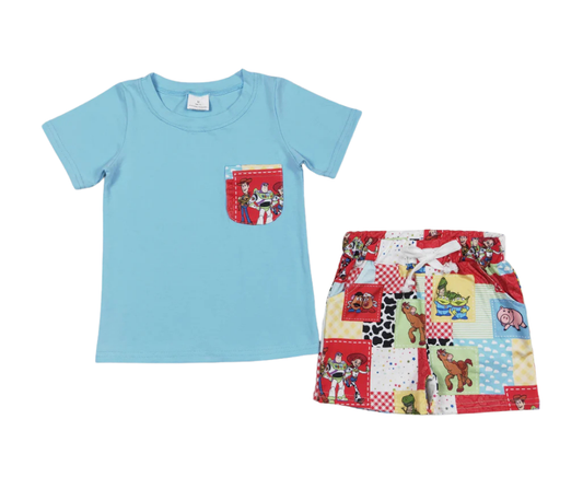 Boys Toy Cartoon Pocket Set – Blue Tee & Colorful Character Shorts
