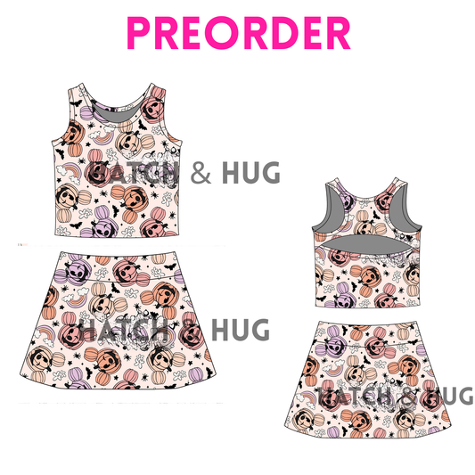 Girls Halloween “Muted Pumpkin Mouse Ears” Skort Set – Fall Athletic Outfit for Baby, Toddler & Teen
