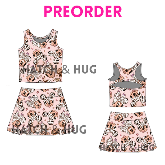 Girls Halloween “Muted Mummy Mouse Ears” Skort Set – Fall Athletic Outfit for Baby, Toddler & Teen