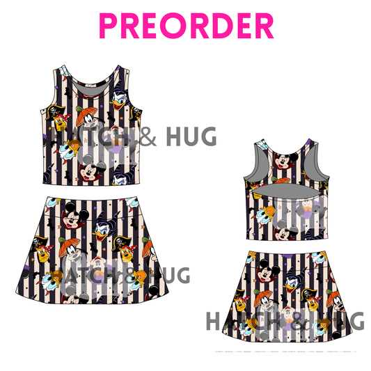 Girls Halloween “Spooky Mouse & Friends Striped” Skort Set – Fall Athletic Outfit for Baby, Toddler & Teen