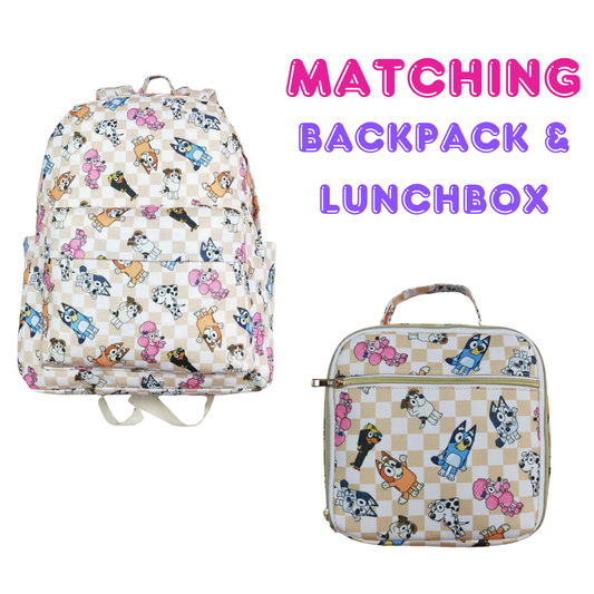 Matching Kids Backpack and Lunchbox Set for Kids – Toddler, Preschool, Tan Checkered Blue Dog Cartoon