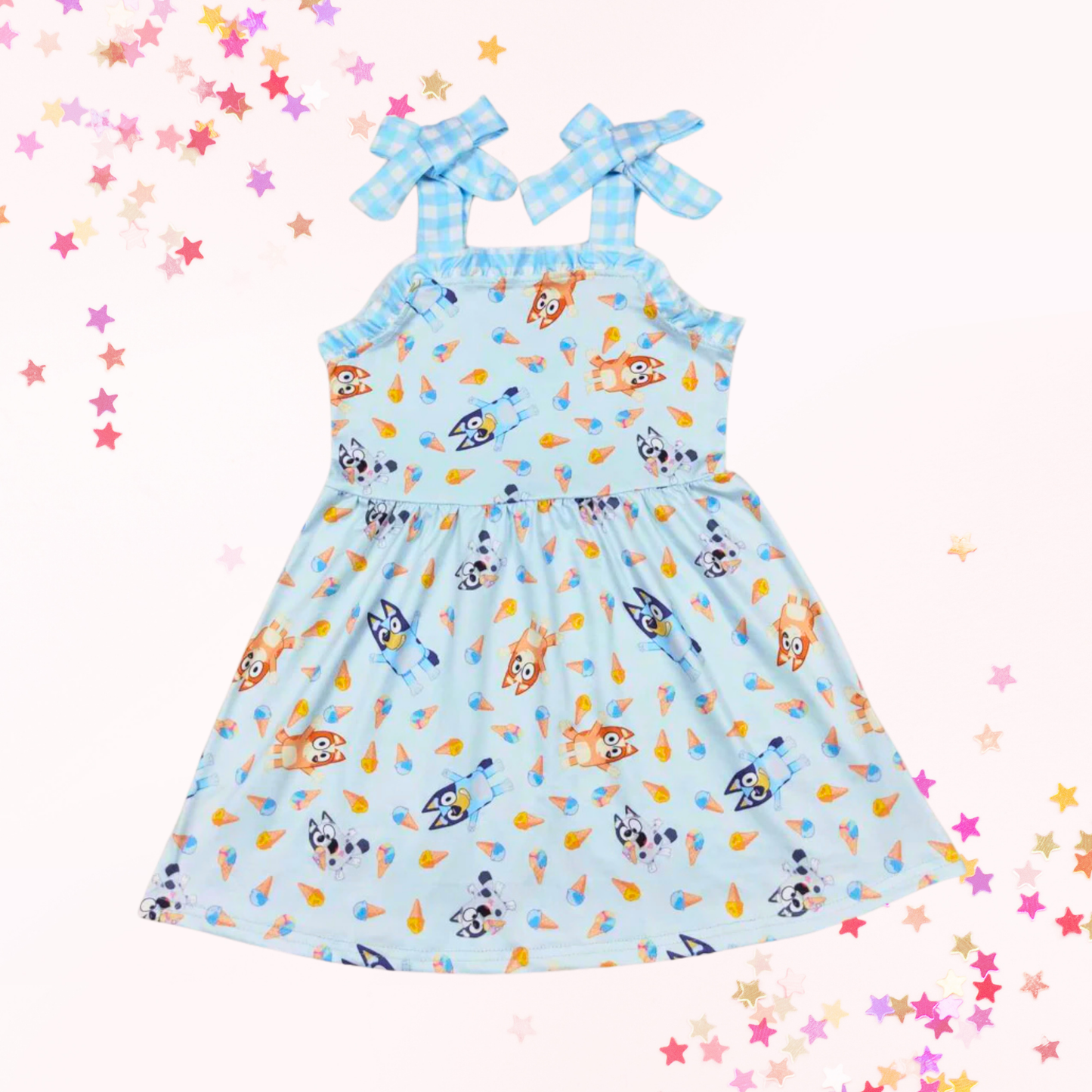 Girls Blue Dog Bows Ruffle Dress