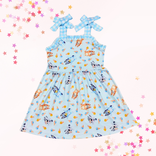 Girls Blue Dog Bows Ruffle Dress