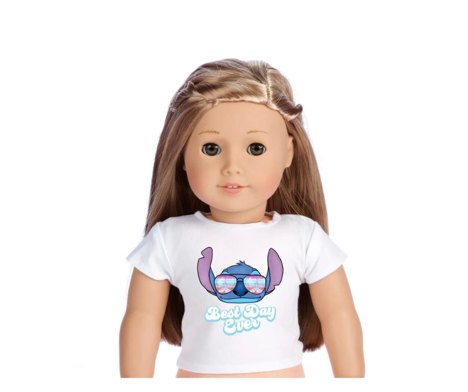 Blue alien retro best day ever, sunglasses, 18 inch doll custom t shirt top, matching kids tshirt ,kids, girls, clothes, 18”, doll clothing