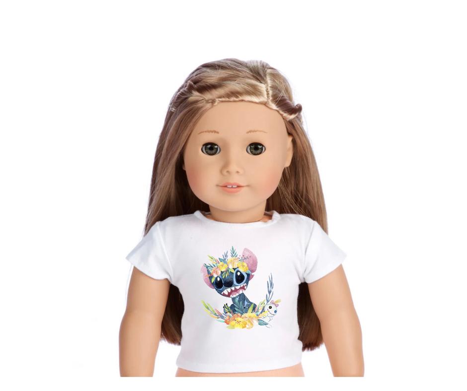 Blue alien floral tropical, 18 inch doll custom t shirt top, matching kids tshirt ,kids, girls, clothes, 18”, doll clothing