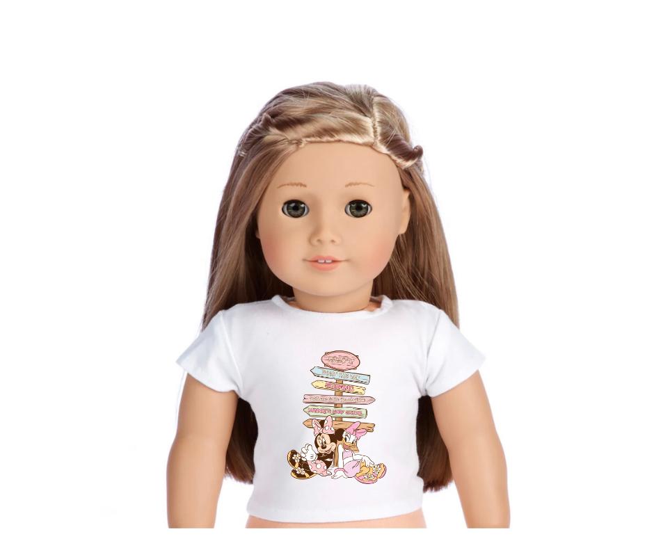 Beach pink mouse and duck, muted, 18 inch doll custom t shirt top, matching kids tshirt ,kids, girls, clothes, 18”, doll clothing