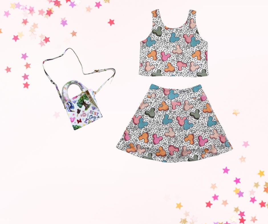 Park mouse ears balloon skort set and mini purse, athletic skort, athleisure, kids clothing, top set