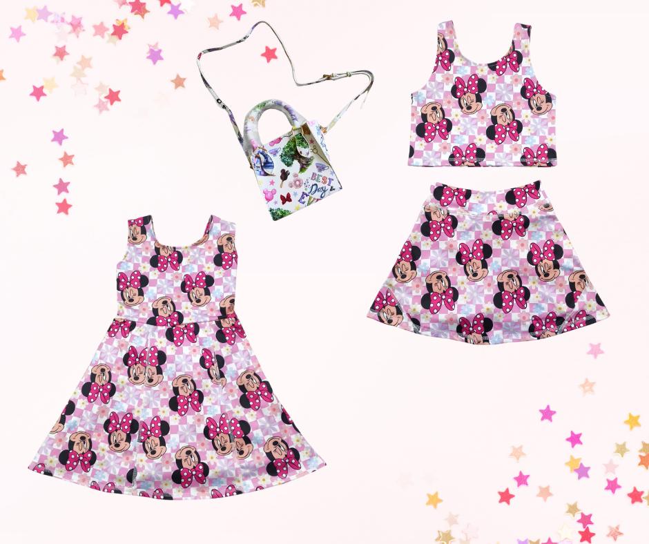 Retro pink mouse skort set or dress, athletic skort, athleisure, kids clothing