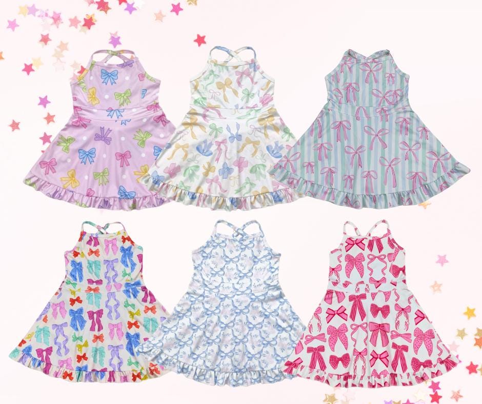 Girls Athletic Dress with Shorts – Criss Cross Back, Ruffle Hem, Coquette Bow Print, Toddler & Kids Tennis Dress