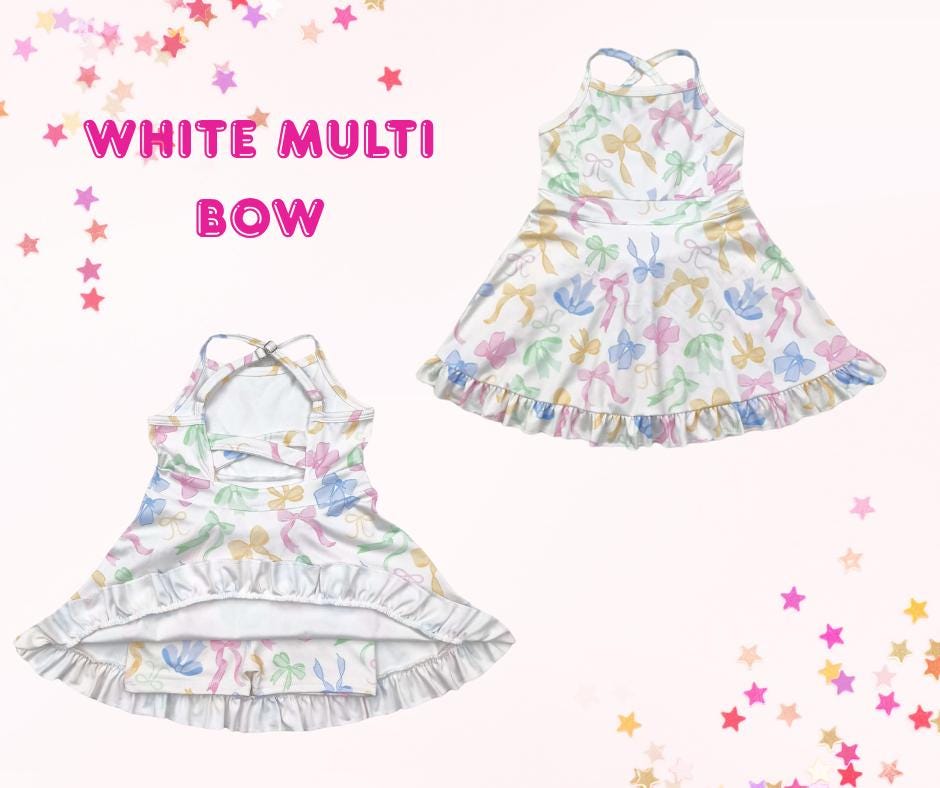 Girls Athletic Dress with Shorts – Criss Cross Back, Ruffle Hem, Coquette Bow Print, Toddler & Kids Tennis Dress