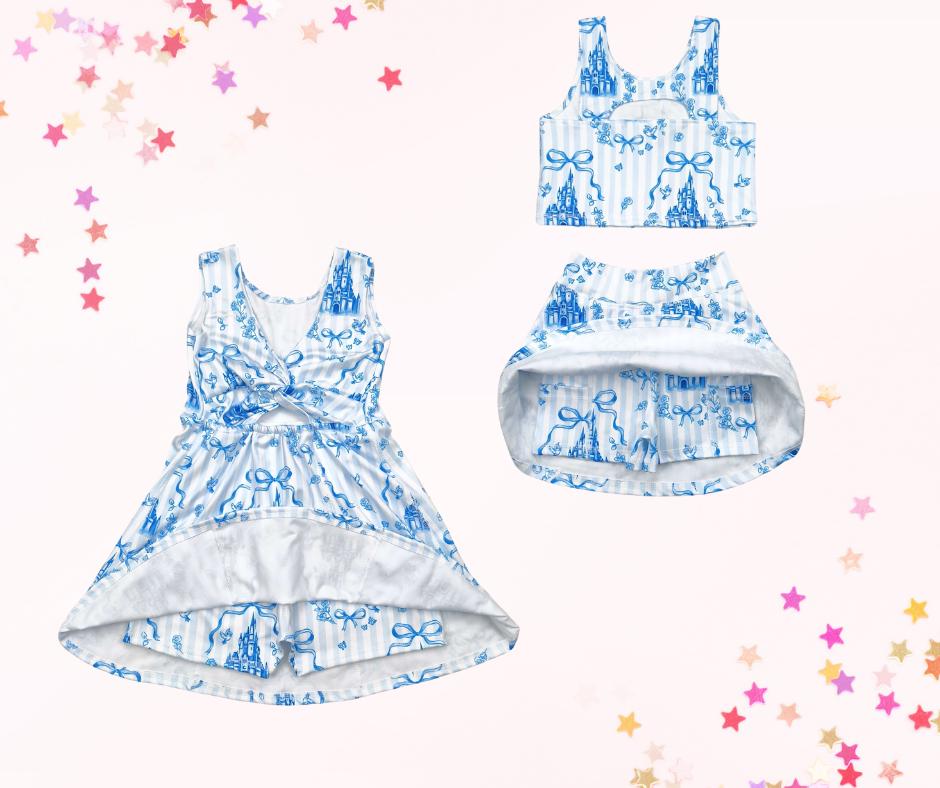 Retro blue coquette castle skort set or dress, athletic skort, athleisure, kids clothing