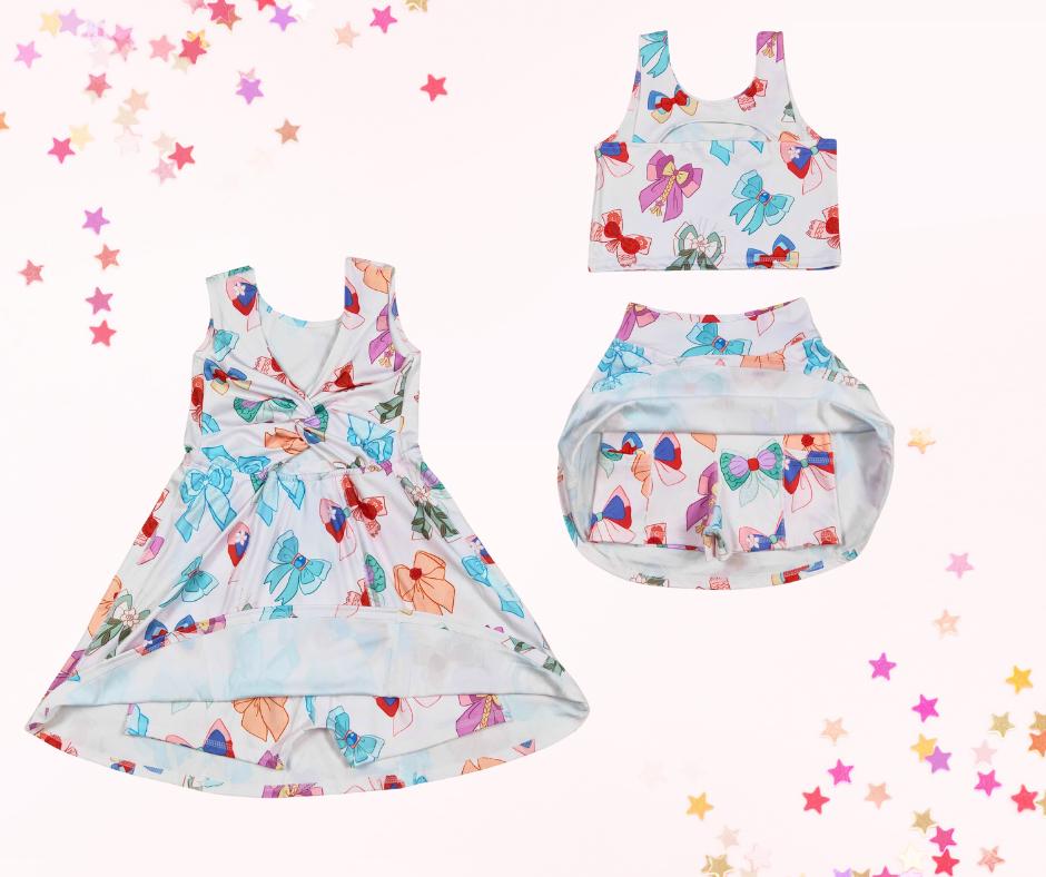 Retro inspired coquette bow skort set or dress skort and mini purse, athletic skort, athleisure, kids clothing, top set